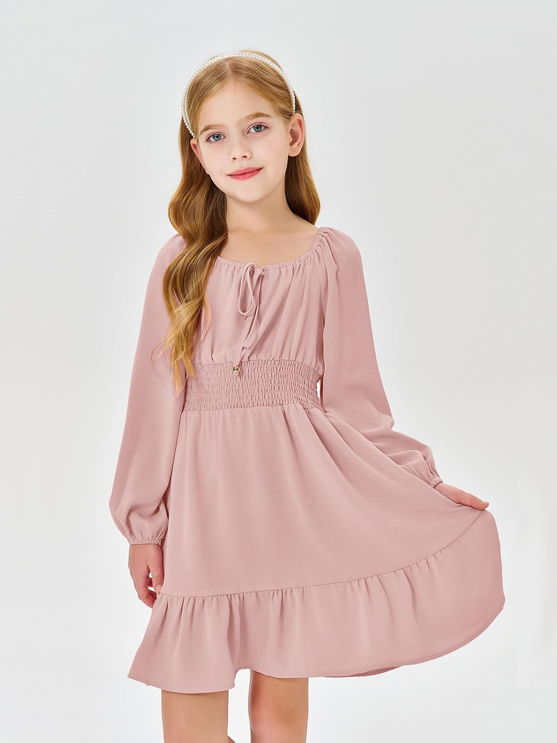 Girls Long Sleeve Square Neck Casual Boho Smocked Short Dresses 5-14 Years - Image 2