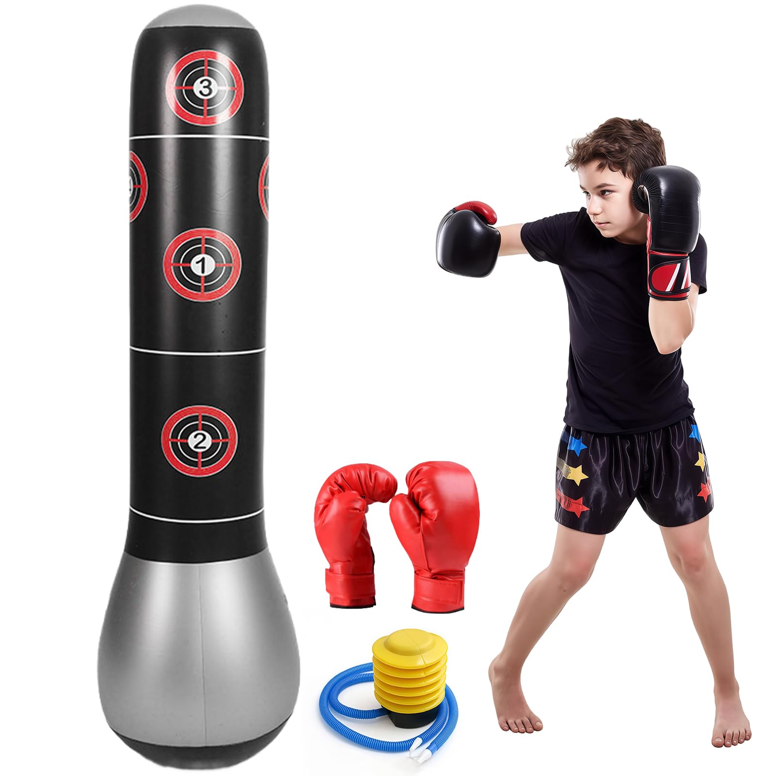Sacco da boxe per bambini, sacco da boxe gonfiabile con guanti da boxe e pompa ad aria, sacco da boxe per bambini in piedi, sacco da boxe su piedistallo per bambini, sacchi da boxe gonfiabili su