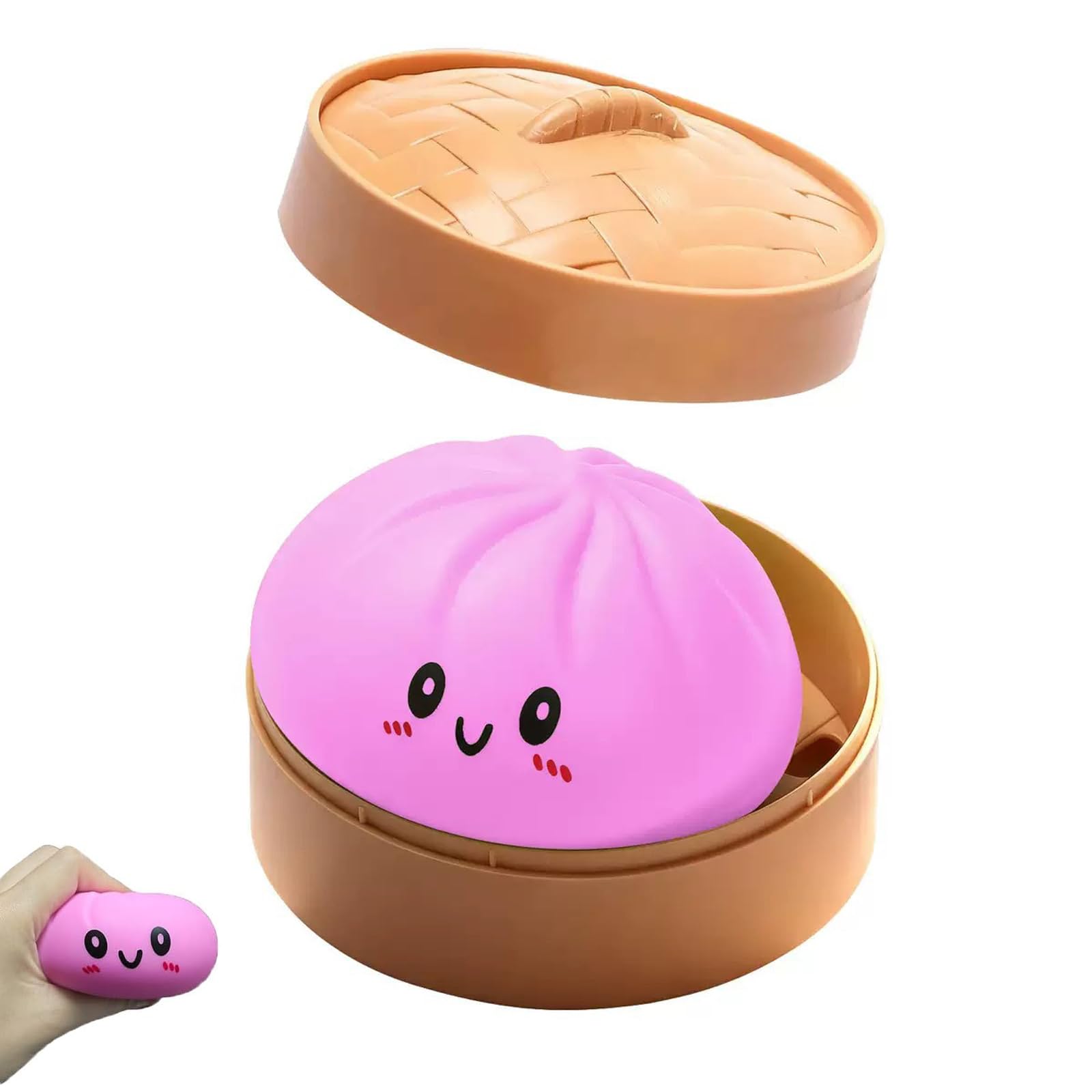 Giant Dumpling Squishy with Steamer Box, Soft Stretchy Squeeze Decompression Toy, Mystery Squishy Dumpling Stress Ball, Cute Anxiety Relief Fidget Sensory Toy for Kids Adults (Deep Pink)