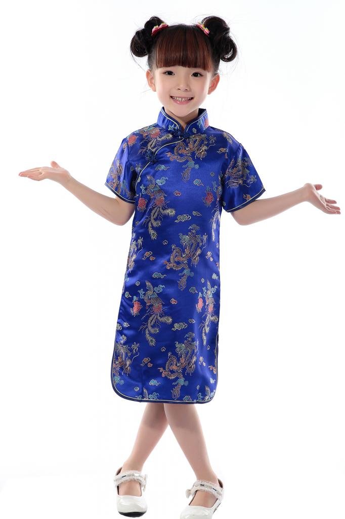 JTC Kids Girls Dragon Phoenix Short Sleeve Chinese Party Dress Qipao Children Cheongsam (12-Suggest Age 7-8 Years, RoyalBlue)