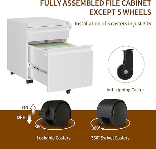 Miniatura 8 de Archivador móvil de metal con cerradura y 4 llaves, totalmente montado, escritorio debajo de la oficina, archivador de 2 cajones para oficina en