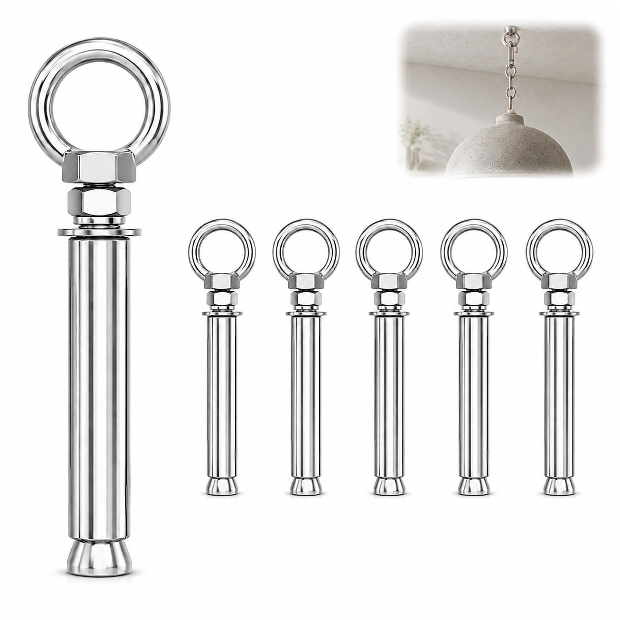 GUGUGO 6PCS M6 x 80 mm 304 stainless steel expansion bolts with rings, Heavy Duty Eye Bolt Anchors with Closed Ring for Concrete, Brick, Stone, Masonry Walls, Ceiling Hanging & Outdoor Fixing