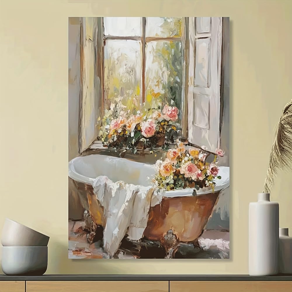 Ukixom Inner Frame Painting Canvas Posters Prints Classic Canvas Art Painting Vibrant Floral Bathtub Scene For Home Living Room Office Decor(80X130cm(32X51in)/Innerframe)