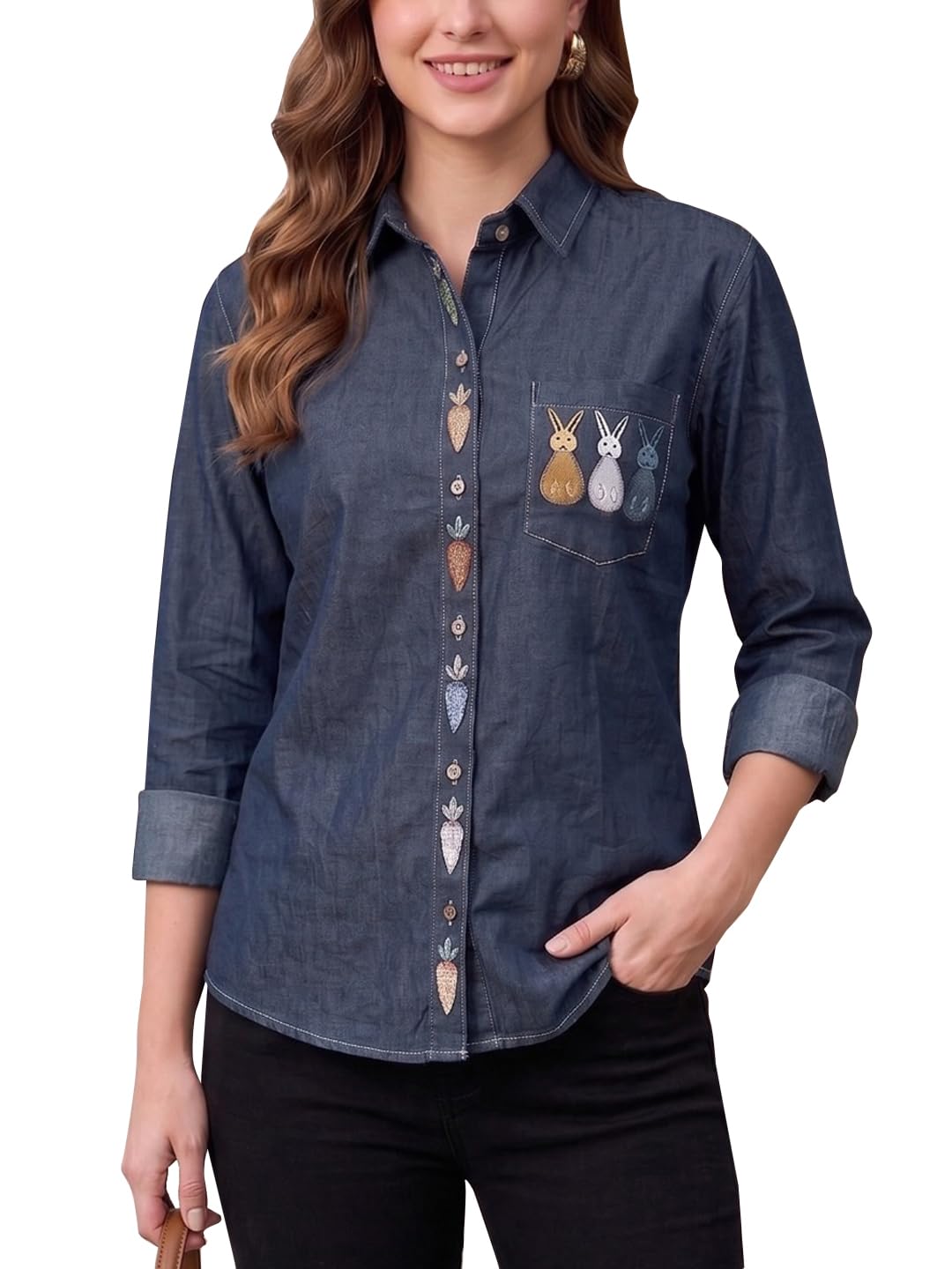 vogaan Women's Effortless Denim Embroidery Shirt, Classic Indigo Button-Down Shirt with Minimal Bow Detail, Relaxed Fit for Everyday Casual Elegance and Timeless Style-picture-26