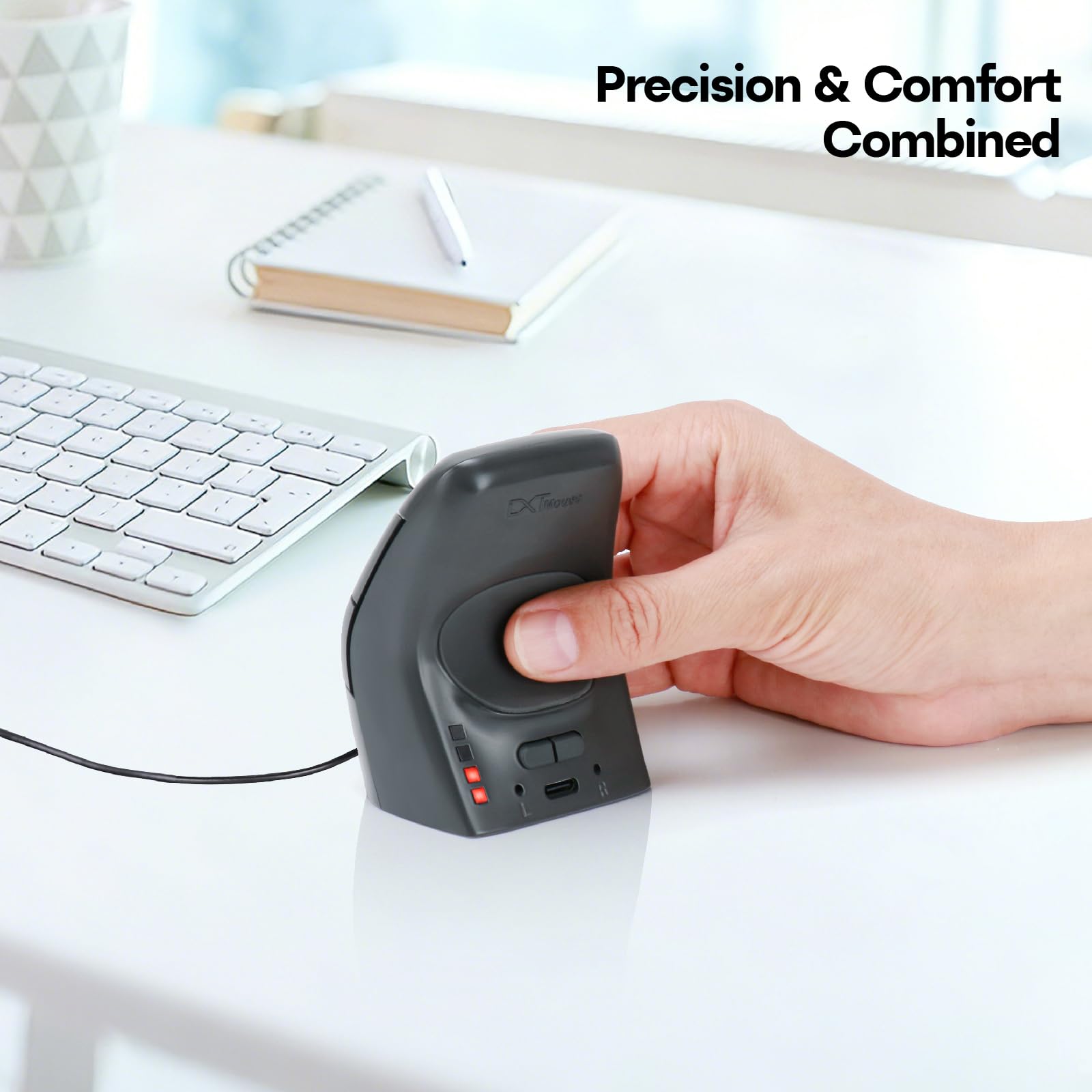 Ratón vertical ergonómico con agarre de precisión, con cable, diseño ambidiestro (negro)