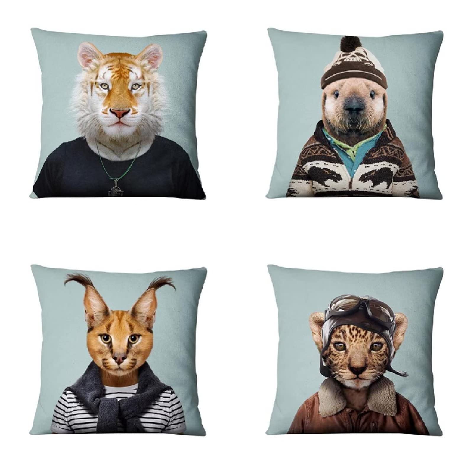 Cojines 55x55cm Tigre Azul Cojines Decorativos para Sofa Moderna Decorativa Cojín Juego de 4 para Decoración Hogar Soft Almohadas cuadradas Funda de Cojín D-3952