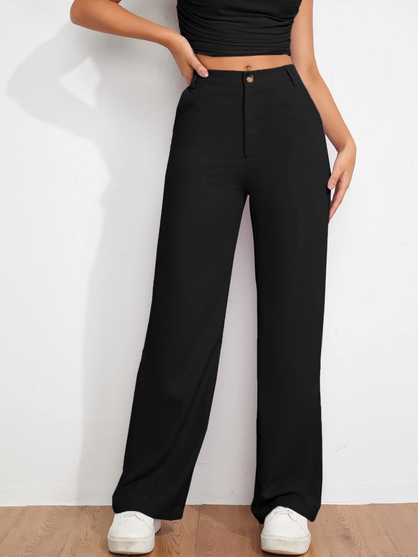 AVIMYA Womens Pants Solid High Waist Straight Leg Black Pants