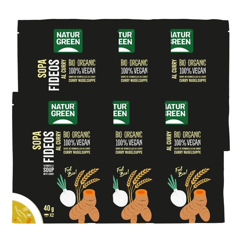 Sopa de Fideos al Curry BIO NATURGREEN - Pack 6 x 40 g, Instantánea, Vegano, Sin Lactosa