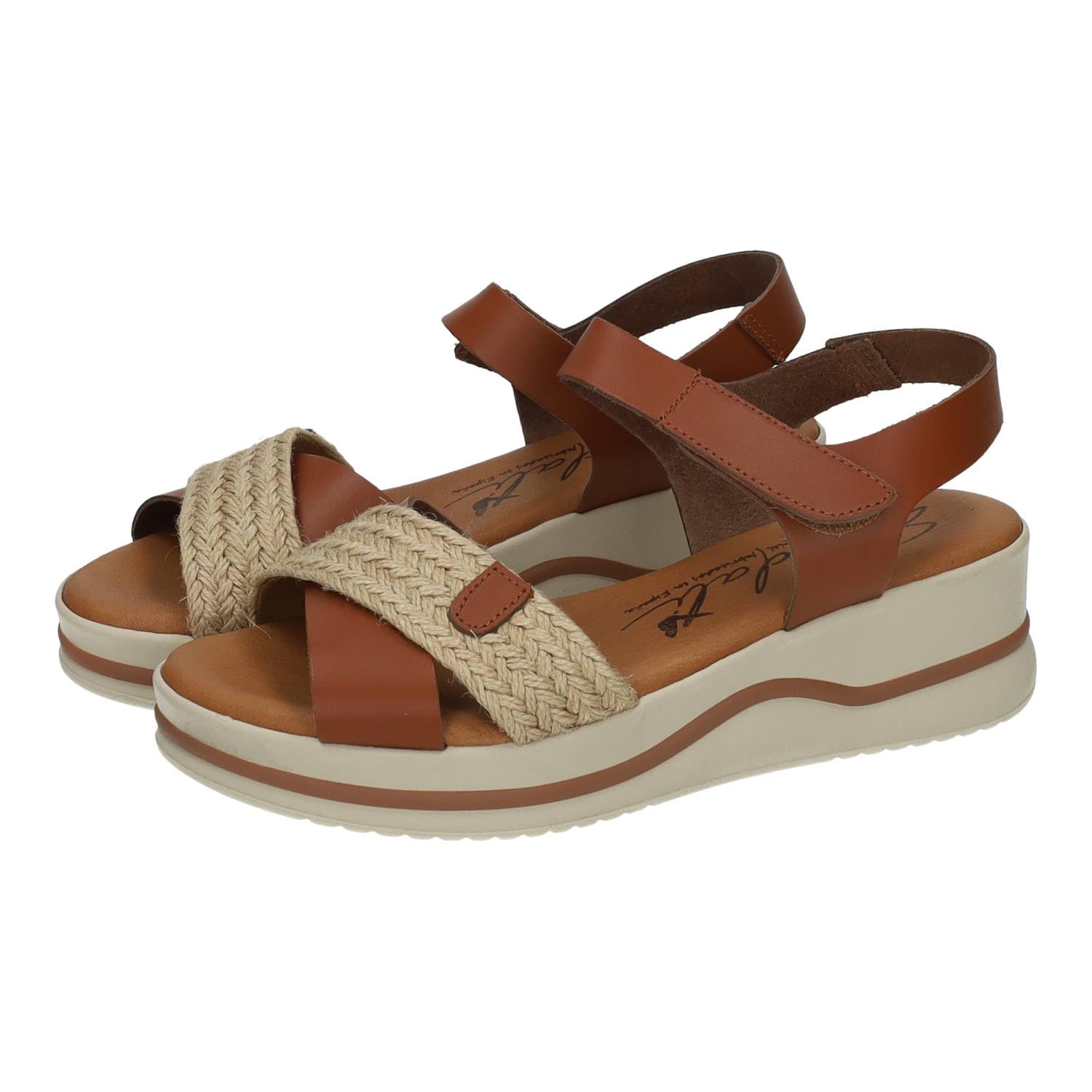 SANDALI M821 Piel Mujer Color Cuero con Plataforma Ligera y Detalle Trenzado Yute, Hechas en España Mujer