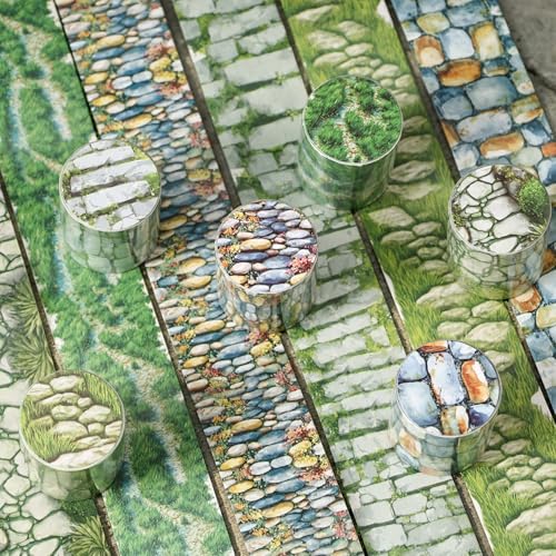 Image of Washi Tape Set,6 Rolls Vintage Stone Road Decorative Masking Tape,Self Adhesive Landscape Border Tape Stickers for Junk Journal,Journaling,Scrapbooking,DIY Craft(Stone Path)