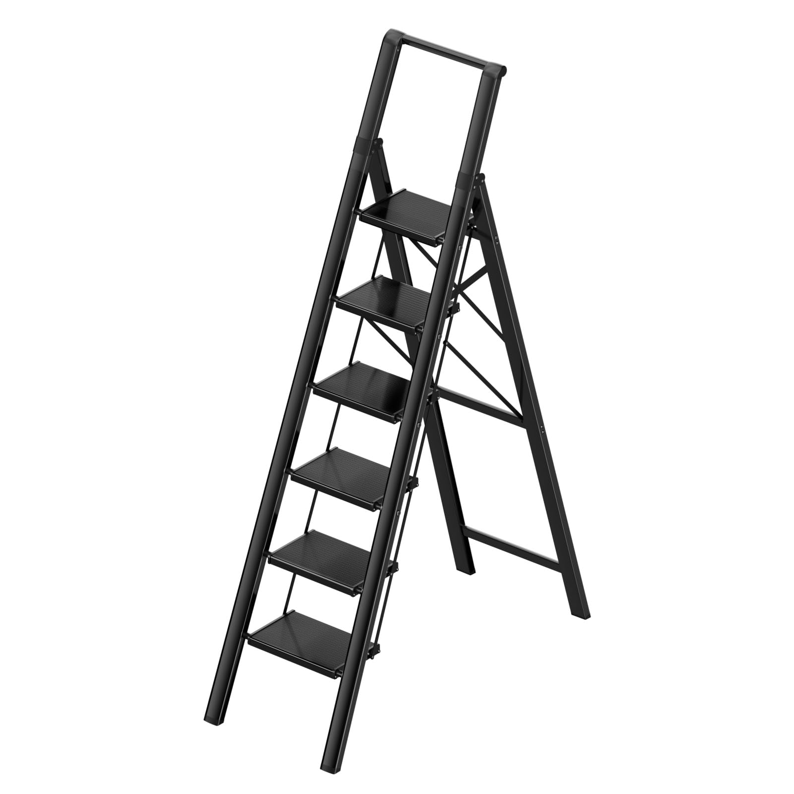 PLEDDANIO 6 Step Ladder,Folding Step Stool with Convenient Handgrip for Home,Office,Kitchen, Aluminum Lightweight Portable Step Stool with Anti-Slip Sturdy Pedal, Black, 300 lbs Capacity