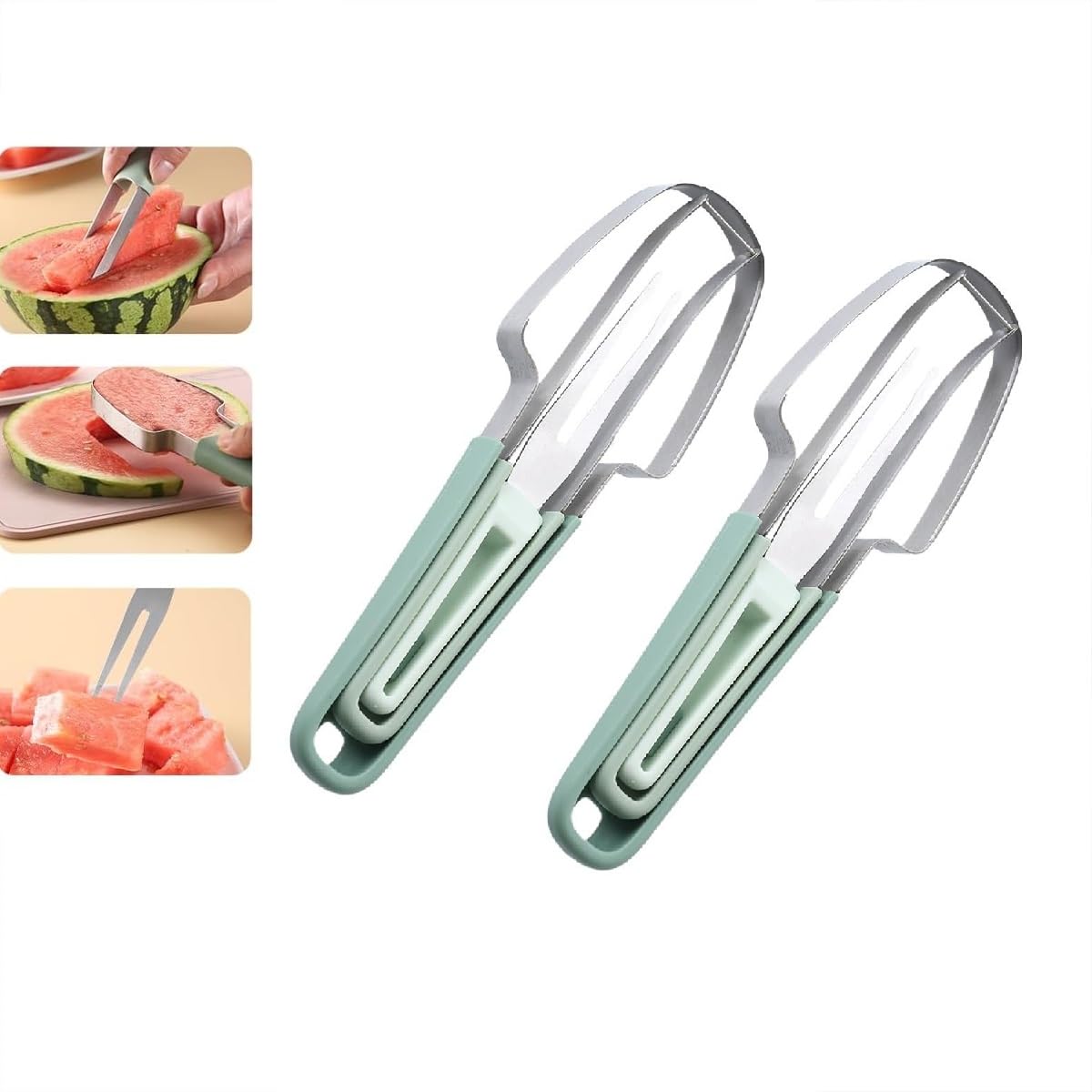 3 in 1 Watermelon Fork Cutter Stainless Steel Watermelon Cutter Watermelon Cutter Slicer Melon Cutter Knife Portability Fruit Fork for Camping Kitchen Tools (Green,2 pc)