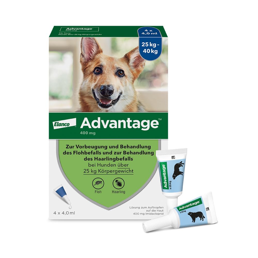 Advantage Spot On für Hunde 400 mg (25-40 kg), gegen Flöhe, 4 Pipetten | Schnelle Hilfe bei Flöhen: Wirkt bei Kontakt ohne Stich. Schützt deinen Hund & dein Zuhause. Einfache Anwendung im Nacken.
