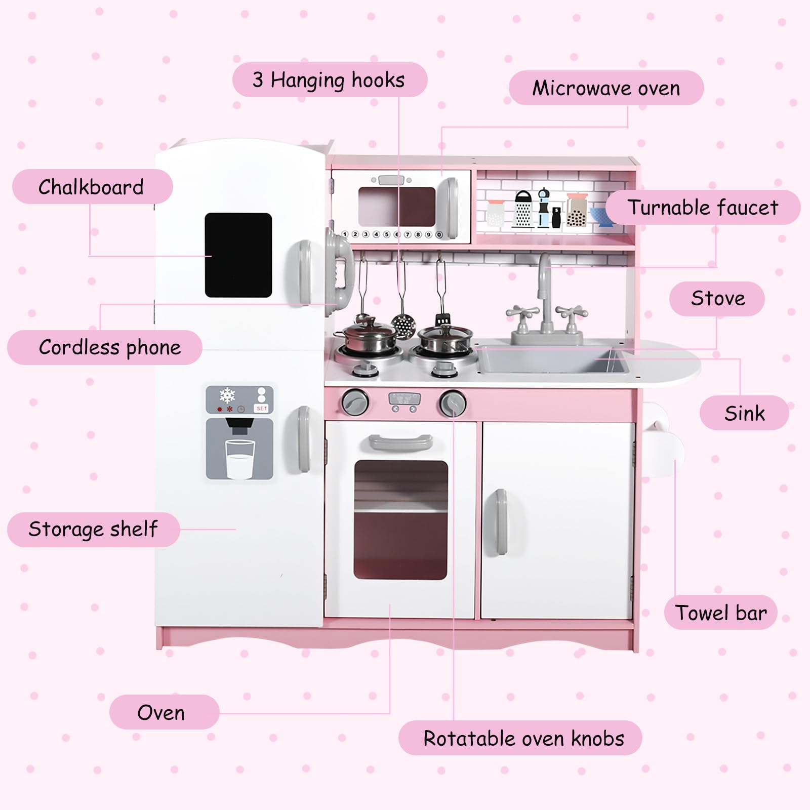 Kinder King Wooden Kids Play Kitchen, Toy Kitchen Playset for Toddler, Pretend Oven, Microwave, Telephone, Chalkboard, Interactive Doors, Knobs, Realistic Kitchen Sets for Boys Girls Age 3+, Pink