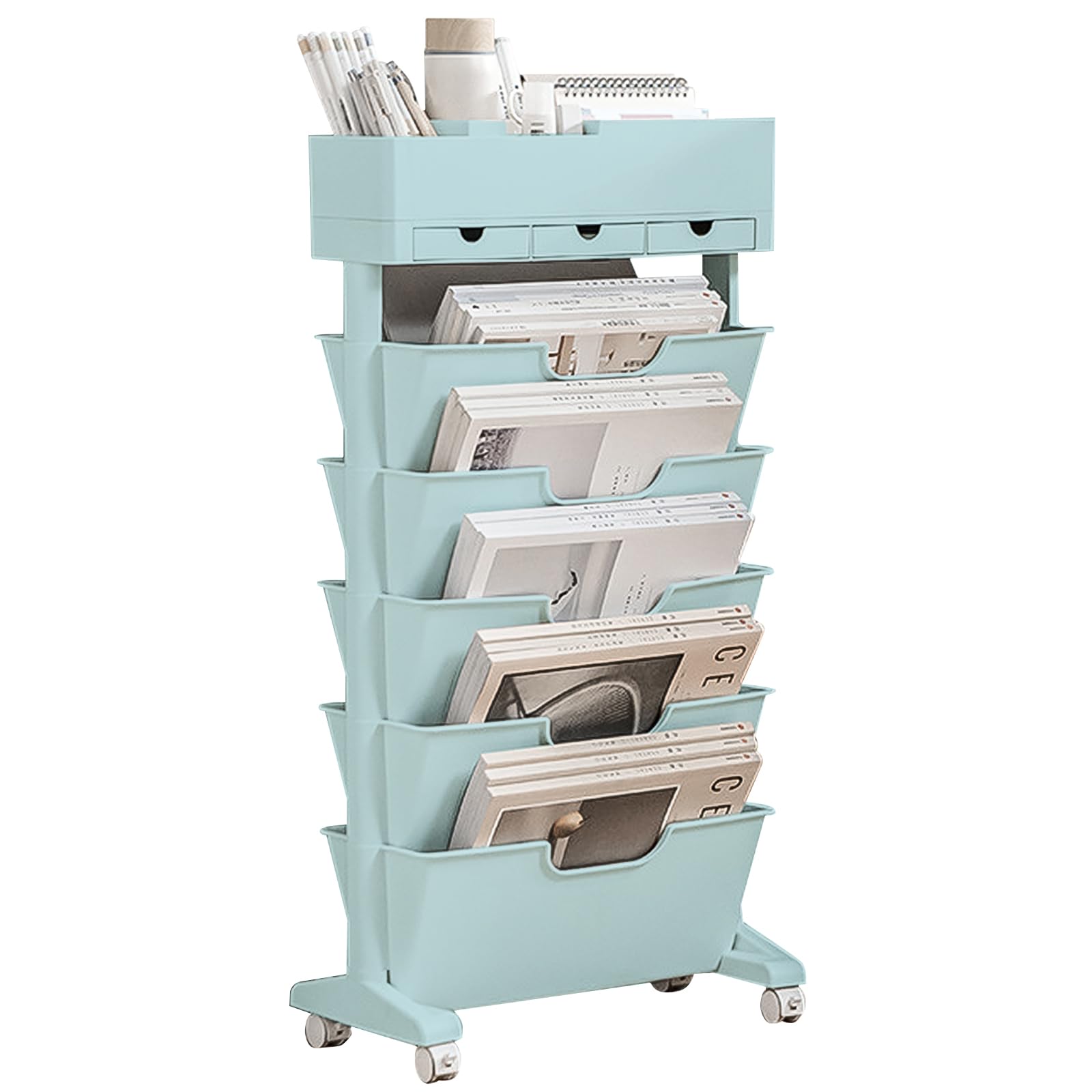 水色と白でリメイク！ キャスター付き収納ラック Amazon.co.jp: Ulable 本棚 デスク収納ラック キャスター付き 6段