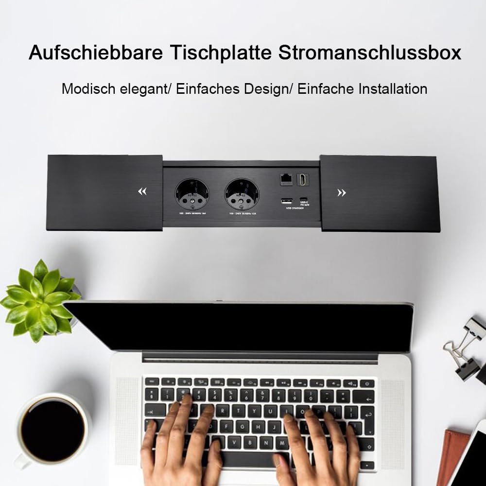 Versenkbare Steckdose mit USB c 65W Konnektivität Box Konferenztisch Power Box mit 2 Steckdosen+ 1 USB-A+C 65W Ladegerät+1 CAT6+ 1 HDMI/USB-C Daten(Schwarz) (Sliding)