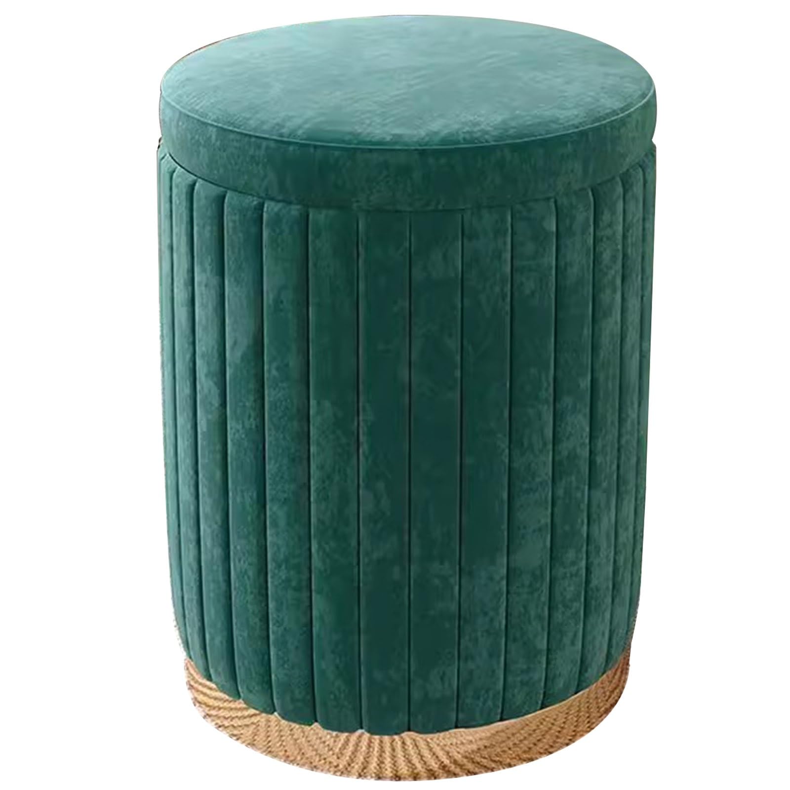 Pouf Contenitore Rotondo con Seduta Imbottita e Coperchio, Sgabello Morbido in Lino Verde per Camera da Letto e Soggiorno, 34x45 cm