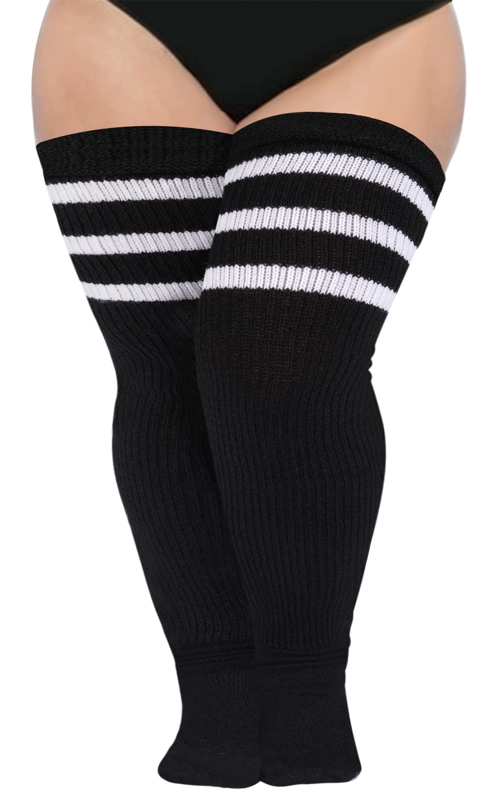 Abodhu Plus Size Thigh High Socks for Thick Thighs Women- Extra Long Widened Extra Long Thick Knit: Black+ White Stripes