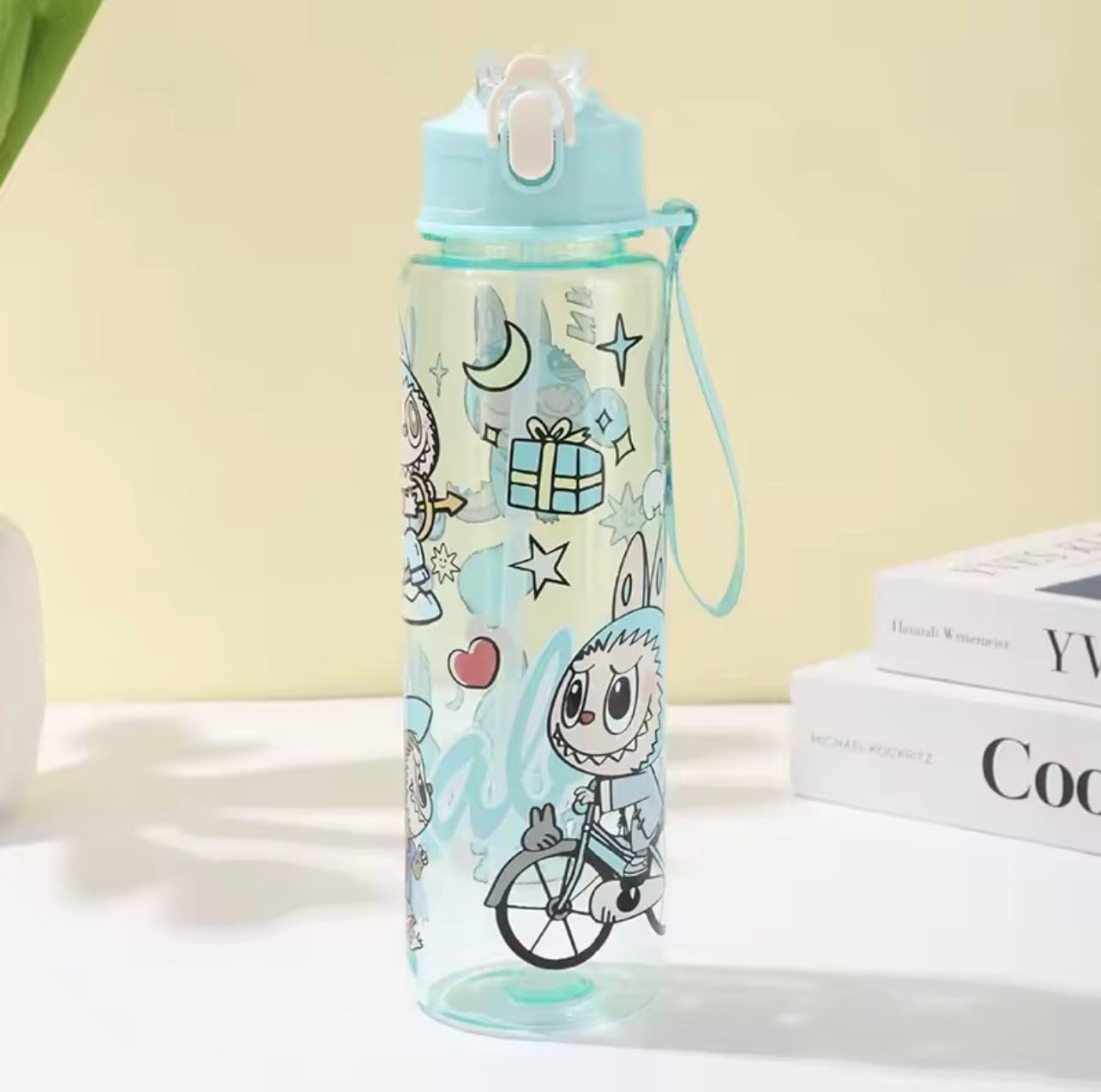 Trendy Monster Water Bottle, 750ml, Pink, Leakproof Plastic Straw Design, Cartoon Character (Blue)