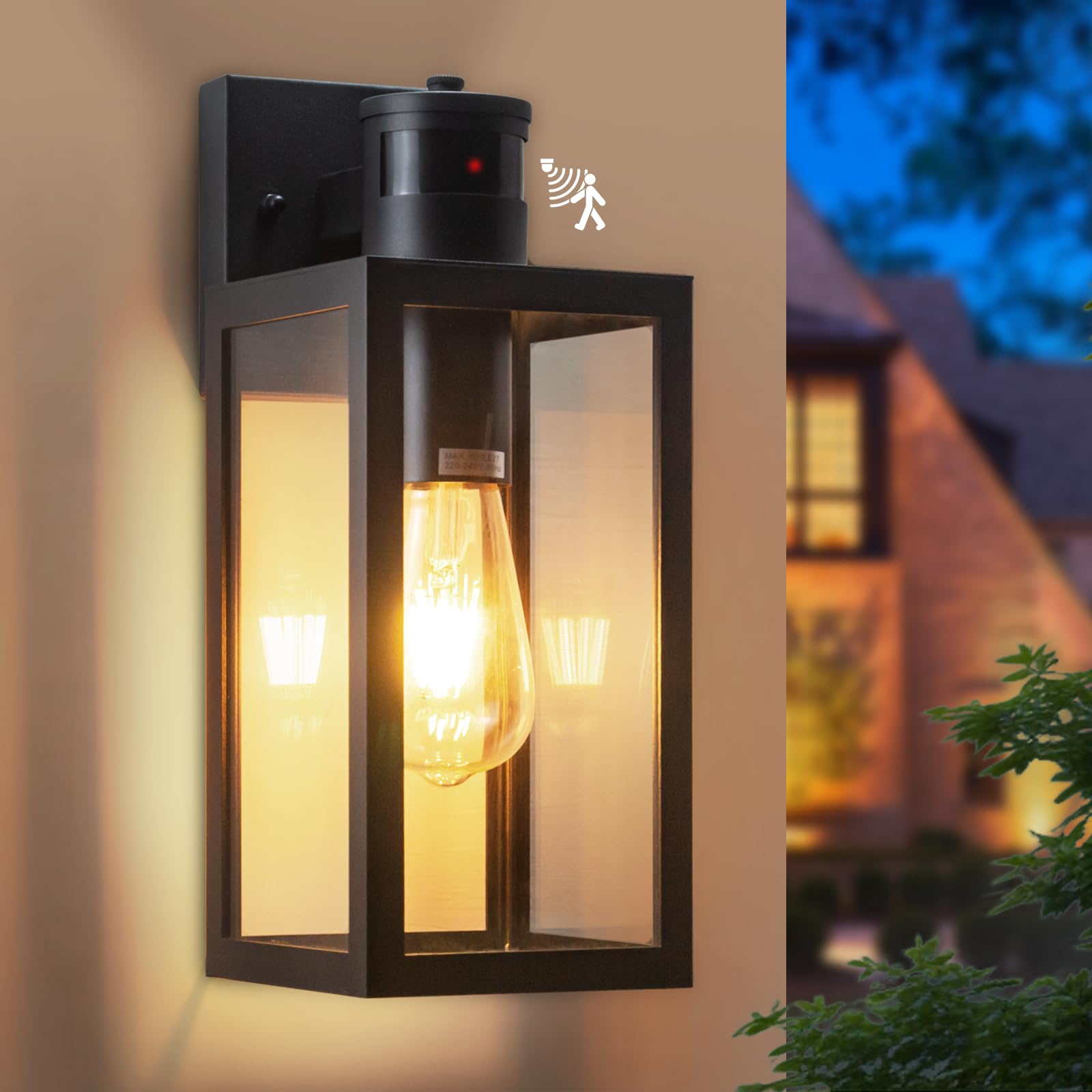 Yaolon Black Motion Sensor Outdoor Wall Lights - Dusk To Dawn Security Light, Waterproof Die-Cast Aluminum Anti-Rust Sconce (E27 Socket) For Garage, Entryway, Garden & Doorway