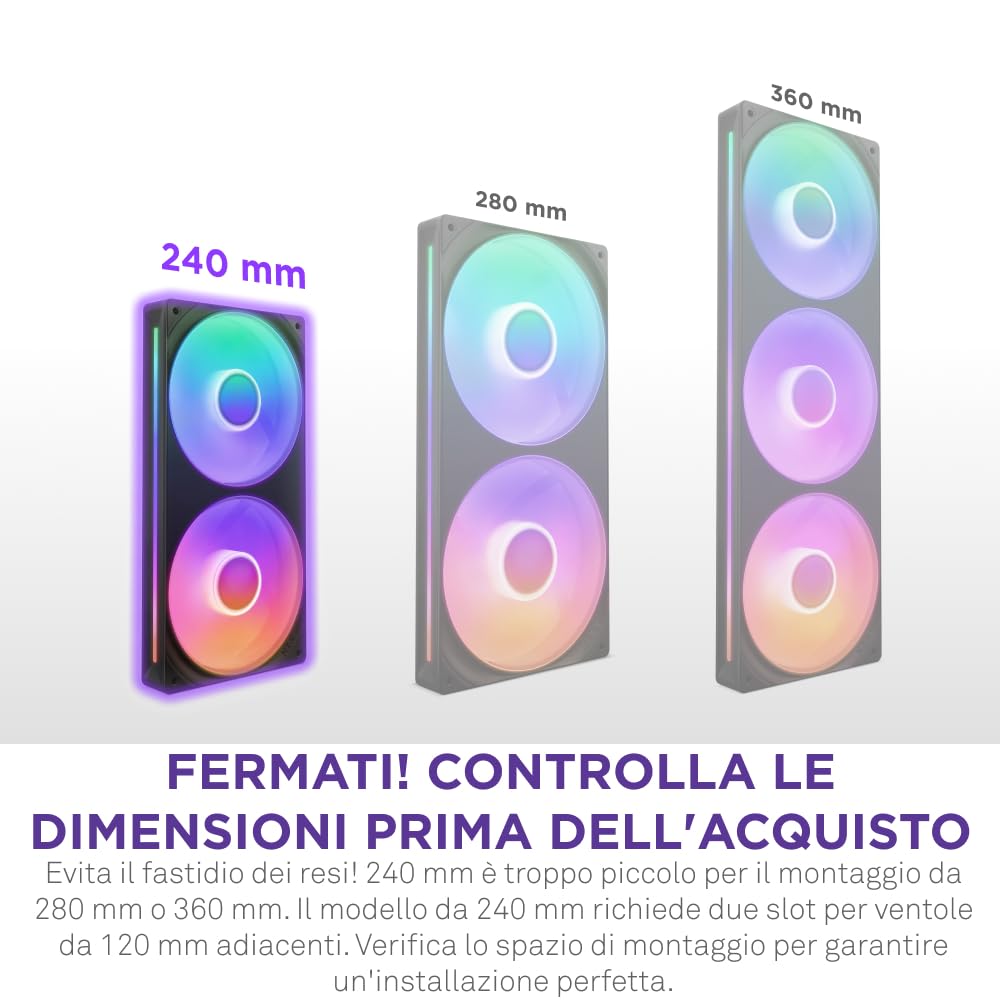 NZXT F240 RGB Core - Telaio singolo 240 mm con 2 ventole RGB 120 mm - Controllo velocità illuminazione - Alta pressione statica e flusso d'aria - Cuscinetti fluidodinamici - 8 LED aRGB - Nero