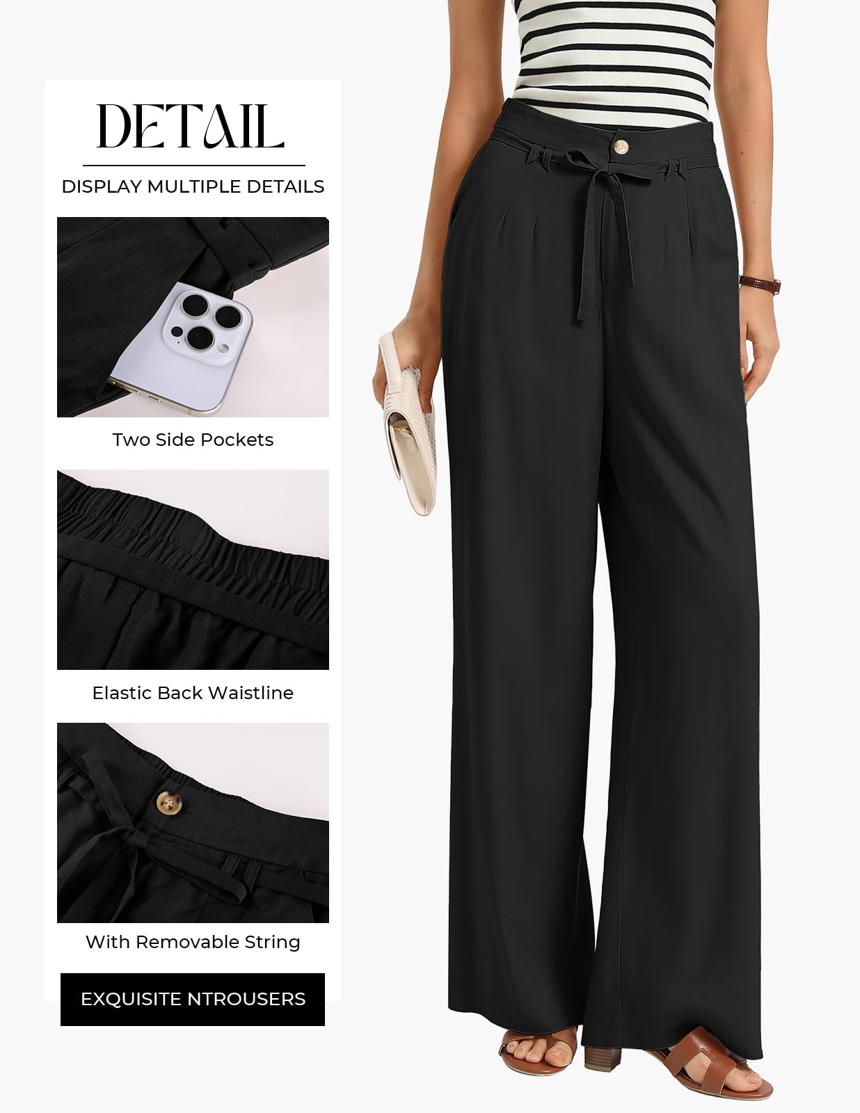GRACE KARIN Pantalon Large en Lin pour Femme Pantalon d'été Business avec Taille élastiquée Poches et Ceinture