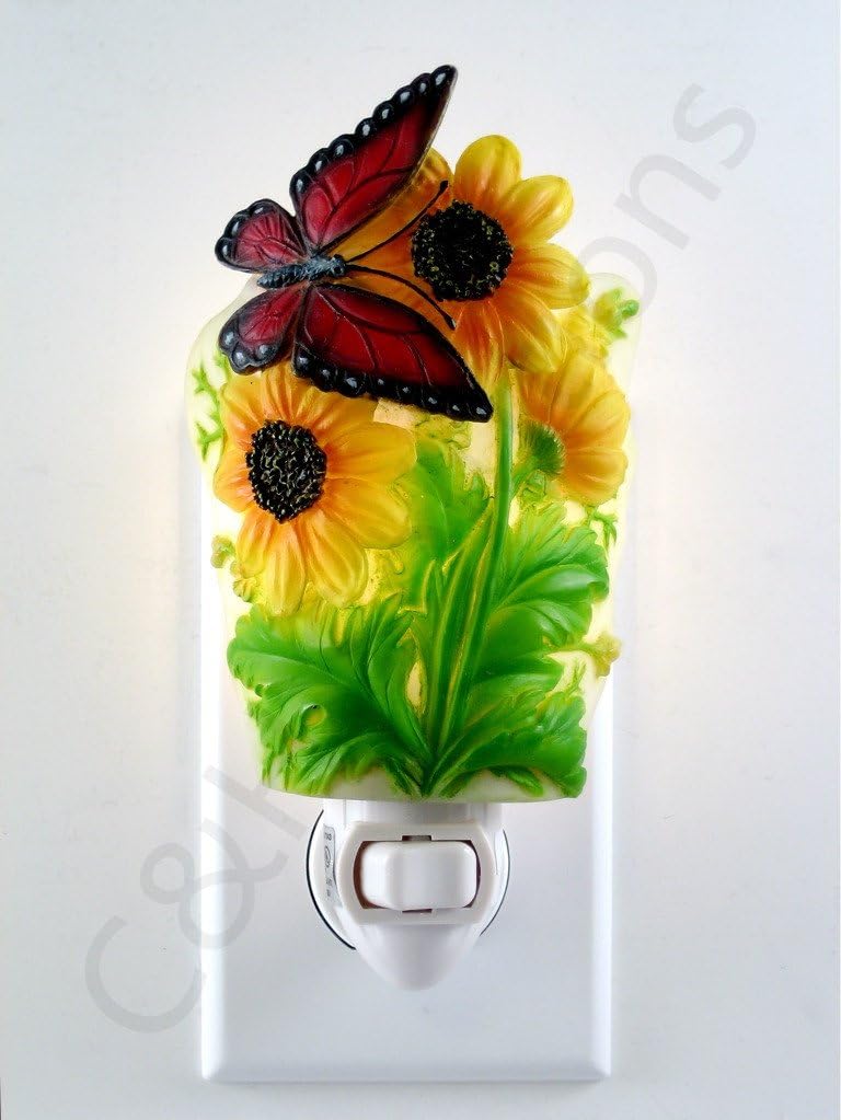 Beauty Of Sun Flowers And Red Butterfly Night Lights, Night Lamp, Decorations Night Lights By C&H