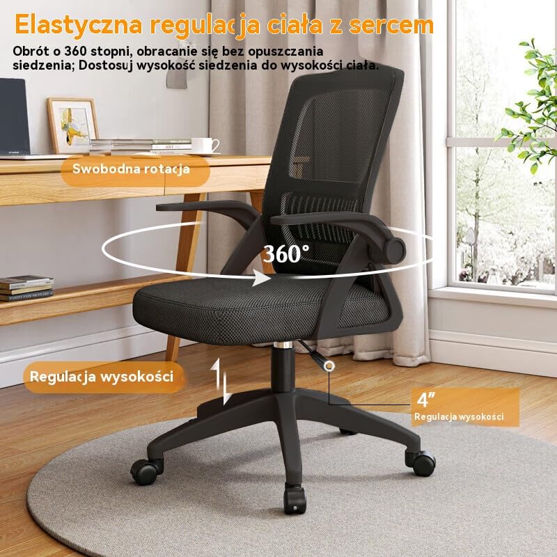 Ergonomiczne Krzesło Biurowe do Domu z Oddychającej Siatki - Wysoki Tył z Regulacją Wysokości,Obrotowe z Podnoszonymi Podłokietnikami i Wsparciem Lędźwiowym(Czarny)