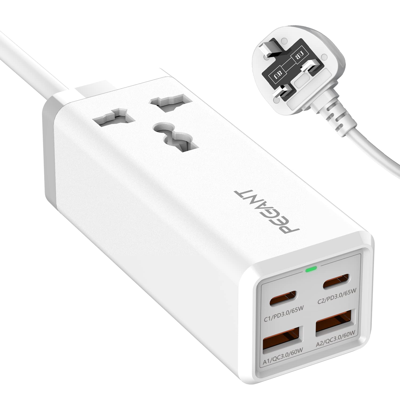 PEGANT 65W 2M Power Extension with 4-Port USB Fast Charger Adapter Universal Plug Socket + 2 USB-C PD3.0 and 2 USB-A QC Surge Protector Outlet 2M Cable for iPhone 16 MacBook Laptop Travel