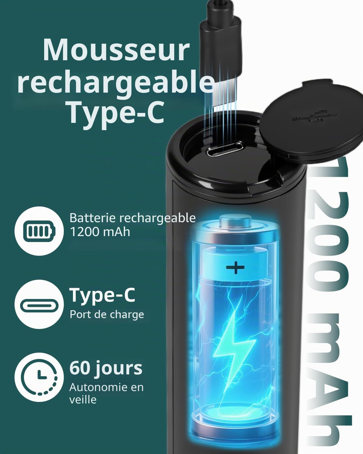 Mousseur à Lait Électrique Portable 3 en 1 avec Étui de Rangement, Mousseur Lait Rechargeable avec 3 Vitesses Réglables, Qualité Alimentaire, Accessoires Détachables pour Latte, Cappuccino, Café