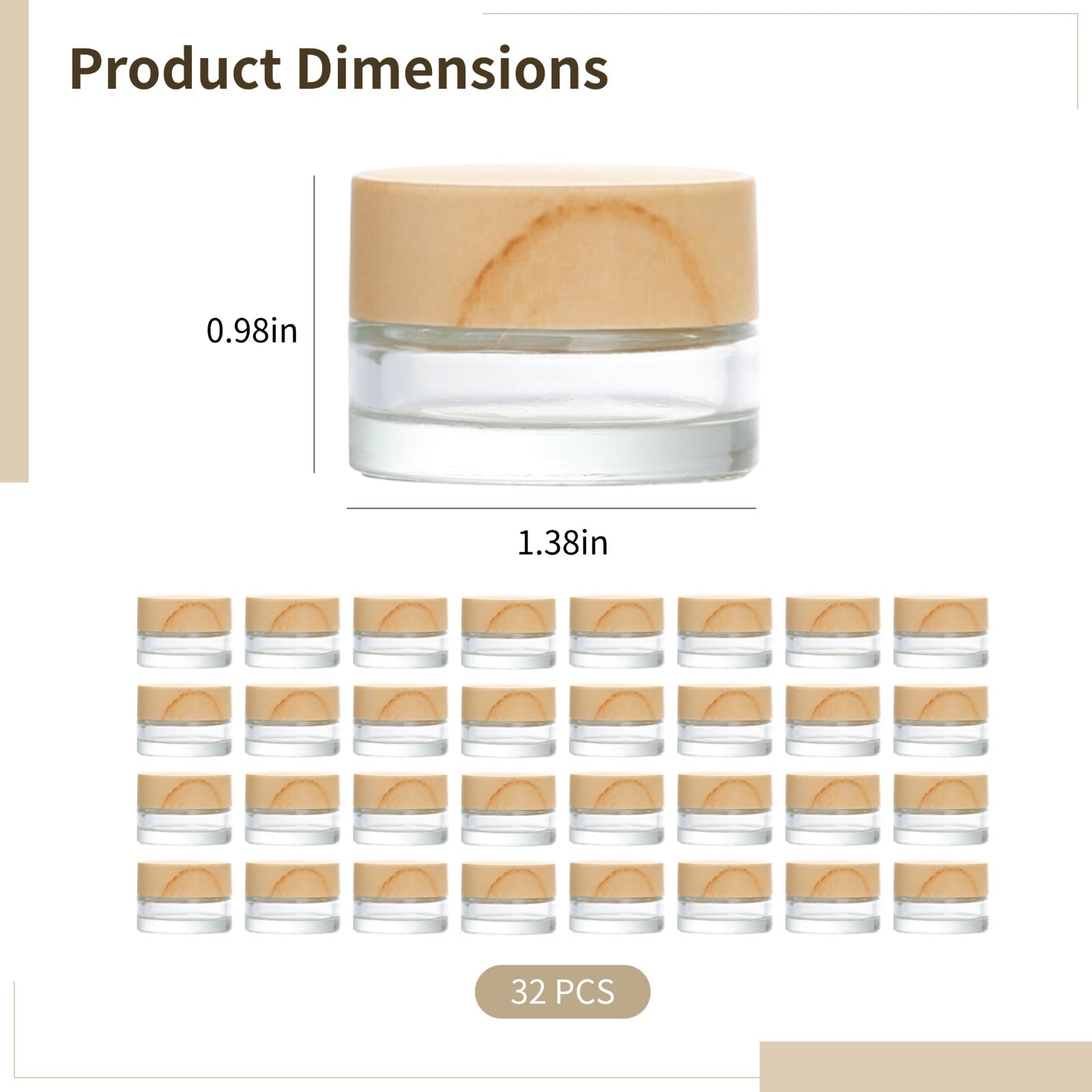 32 barattoli per cosmetici in vetro trasparente, da 5 ml / 0.17 oz, ricaricabili, da viaggio, con coperchi in legno naturale, flaconi vuoti per campioni per lozioni, creme per occhi, balsami, bellezza