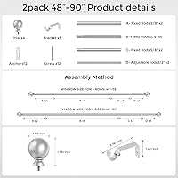 Vista 22 de Hei!Dear Barras de cortina para ventanas de 28 a 48 pulgadas (2.3 a 4 pies), ajustable de 5/8 pulgadas, barra de cortina decorativa de alta