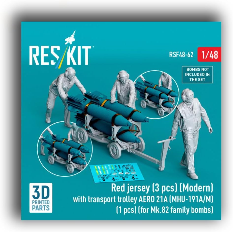 RSF48-0062 1/48 Red Jersey (3 pcs) (Modern) with Transport Trolley AERO 21A (MHU-191A/M) (1 pcs) (for Mk.82 Family) (3D Printed) Scale Model/Replica Reskit