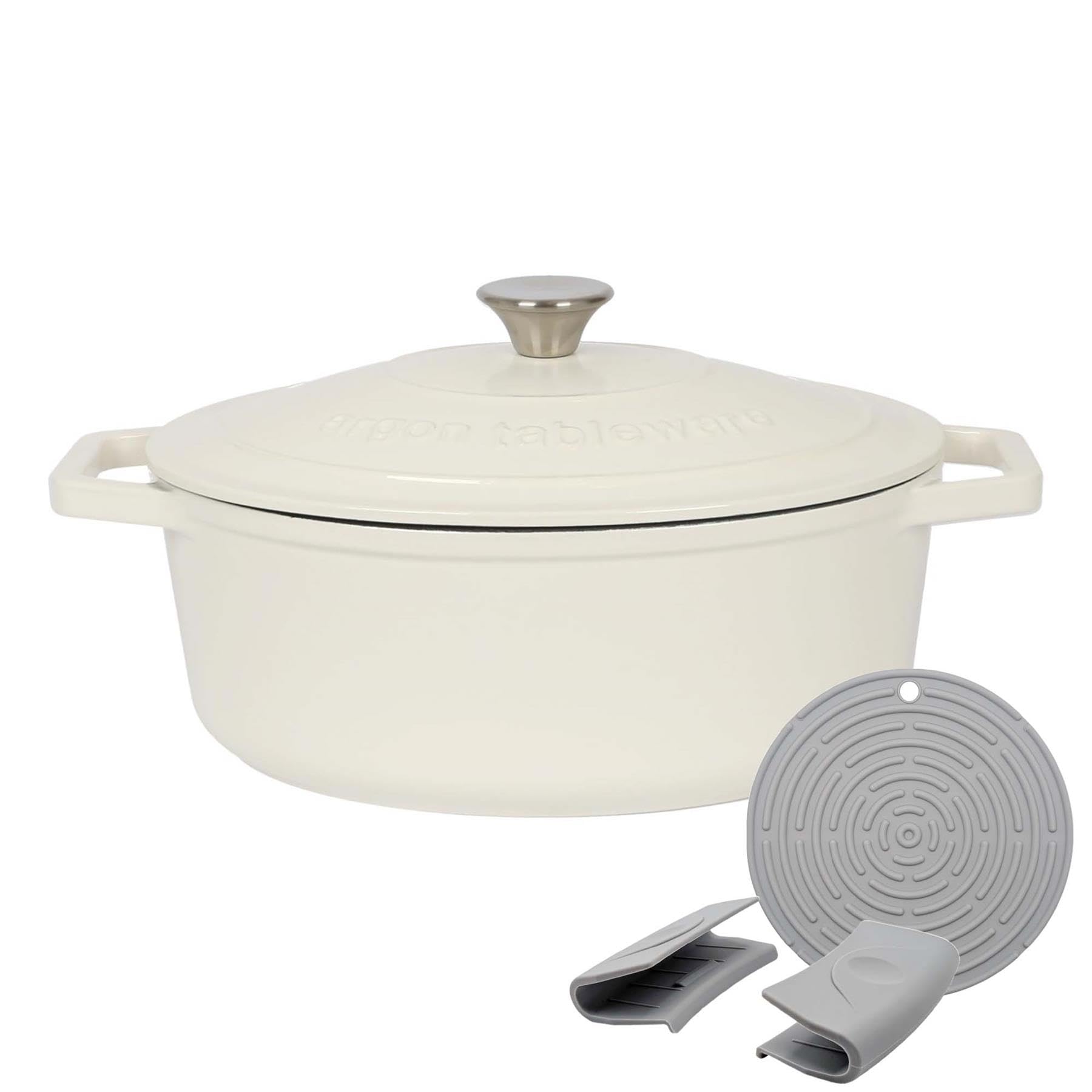 Argon Tableware 4.68L Oval Auflaufform aus Gusseisen mit Deckel - Kieselglanz - 1x Induktionskochfeld Kochen Schmortopf Brot Backen Portion Braten Eintopf Suppentopf Kochgeschirr Pfanne