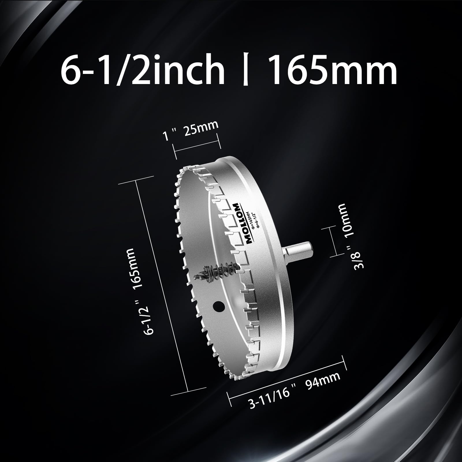 Mollom (165mm | 6-1/2") Scie cloche en carbure pour usage intensif avec 2 forets pilotes, coupe l'acier inoxydable, l'acier doux, le fer, le cuivre, le laiton et le plastique