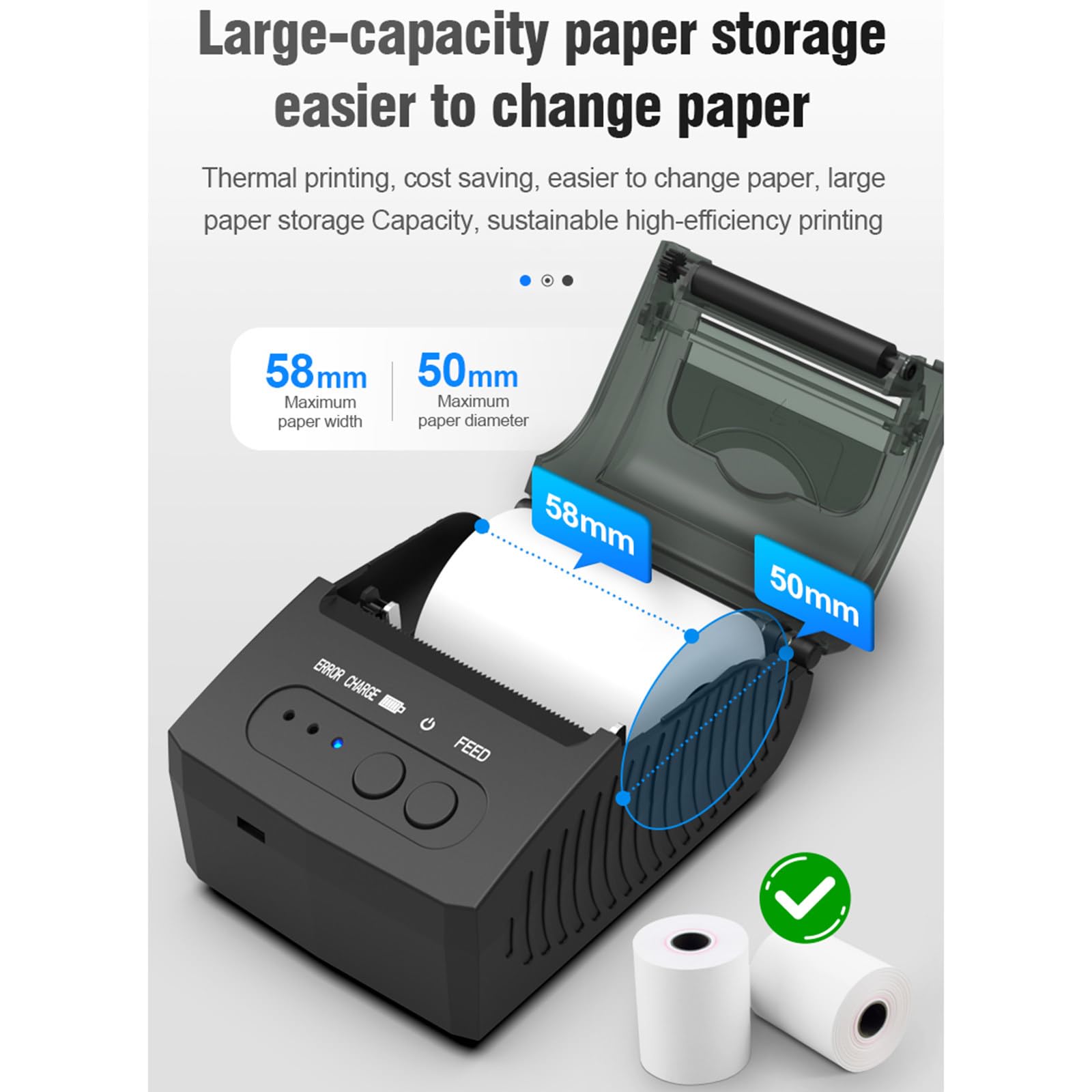 Termiczna drukarka pokwitowań Mini USB + Bluetooth, przenośna drukarka pokwitowań o rozdzielczości HD 58 mm, kompatybilna z telefonem z systemem Android/iOS, czarna