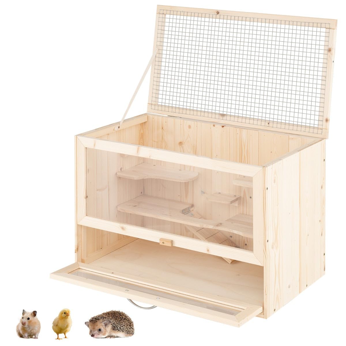 Jaula para hámster con techo abatible, 60 x 35,5 x 42 cm, espacio de juego espacioso, diseño natural de madera de abeto 20_0010983