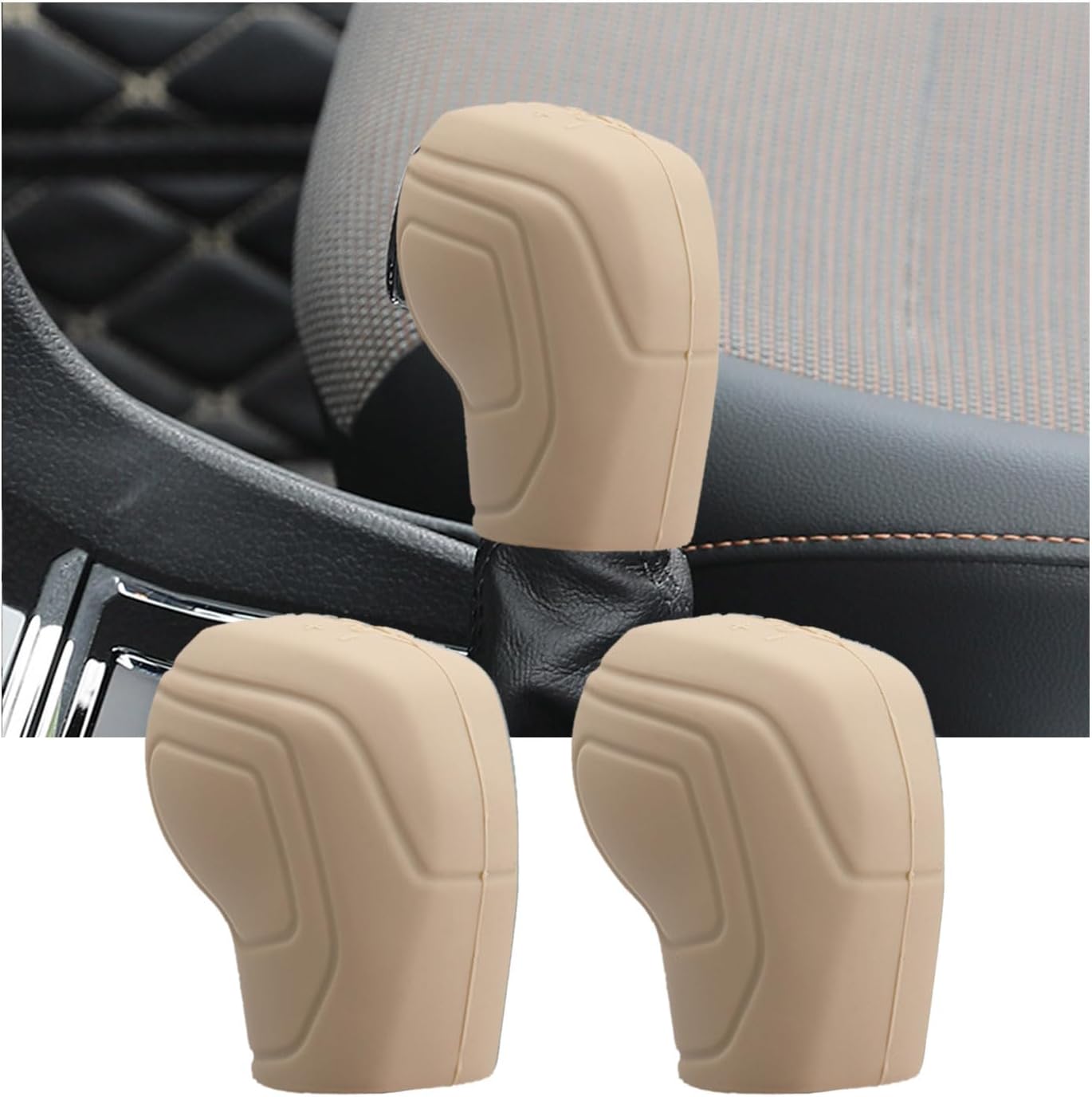 Kewucn 2 PCS Car Gear Shift Knob Cover, Elastic Anti-Slip Automatic Knob Gear Stick Protector, Vehicle Interior Decor Accessories for Men Women (New, Beige)