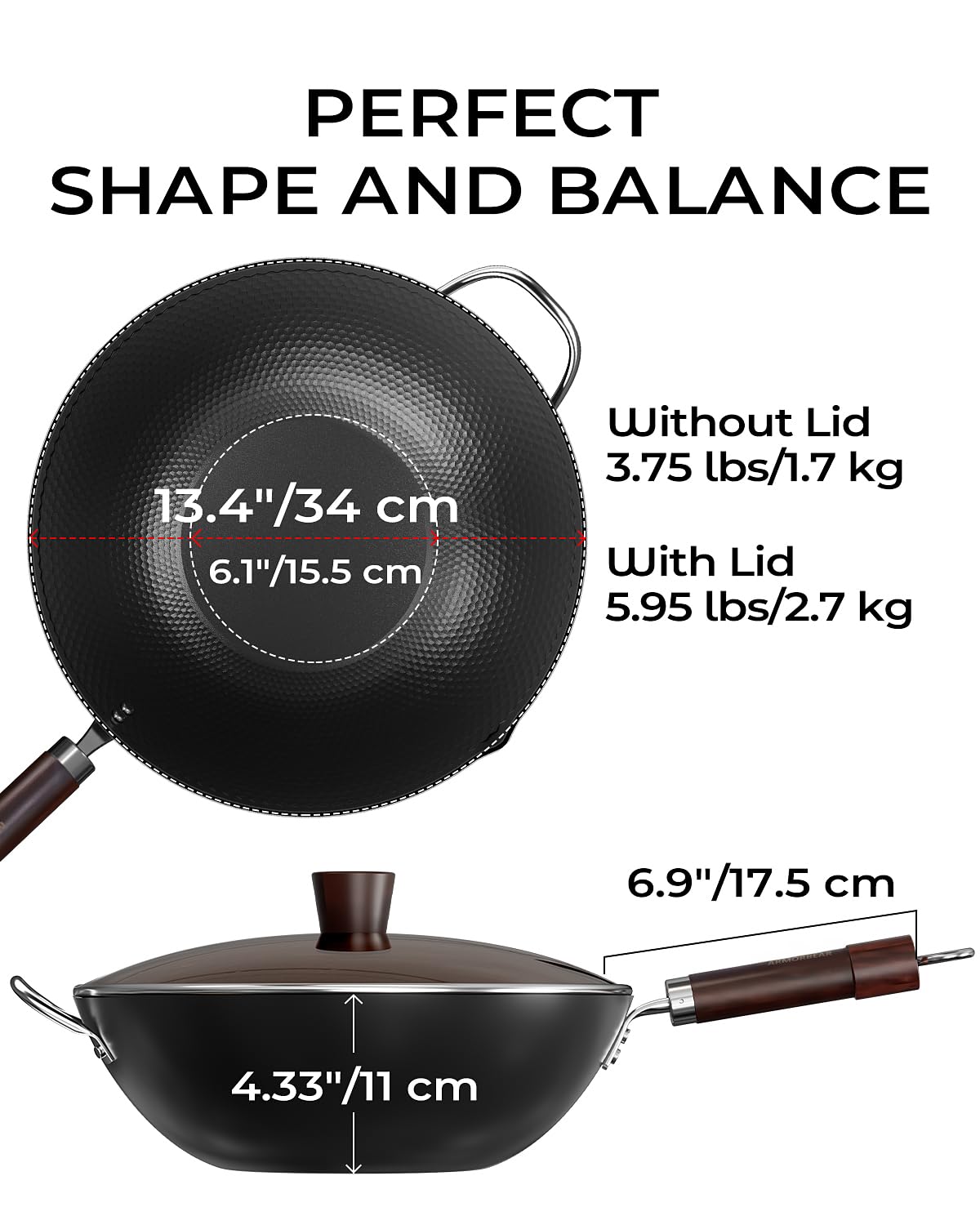 34 cm Wokpfanne aus Karbonstahl, Tripol-Nitrierte, vorgebrannte Woks mit flachem Boden, antihaftbeschichtet, japanischer Wok mit Glasdeckel für alle Herdplatten