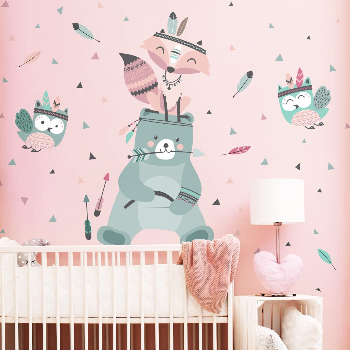 Stickers muraux enfants - Decoration chambre bébé - Stickers muraux enfant - Sticker mural Animaux - Autocollant mural ourson et hiboux jouant aux indiens- H120 x L90 cm