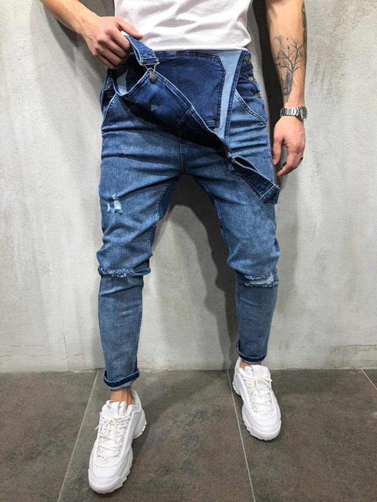 ORANDESIGNE Salopette Uomo in Denim Casual Pantaloni Strappati Uomo in Tinta Unita Salopette Uomo Jeans Slim Fit Moda Ragazzo Jumpsuit Pagliaccetti da Lavoro con Bretelle