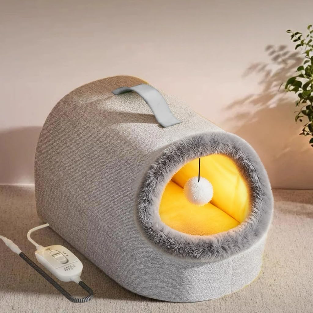Gray Cat Bed with Electric Heated Pet, Warm and Cosy Indoor Heated Cat Houses, Warm Semi-Enclosed Cave Sleeping Nest Bed for Small Dog/Cats