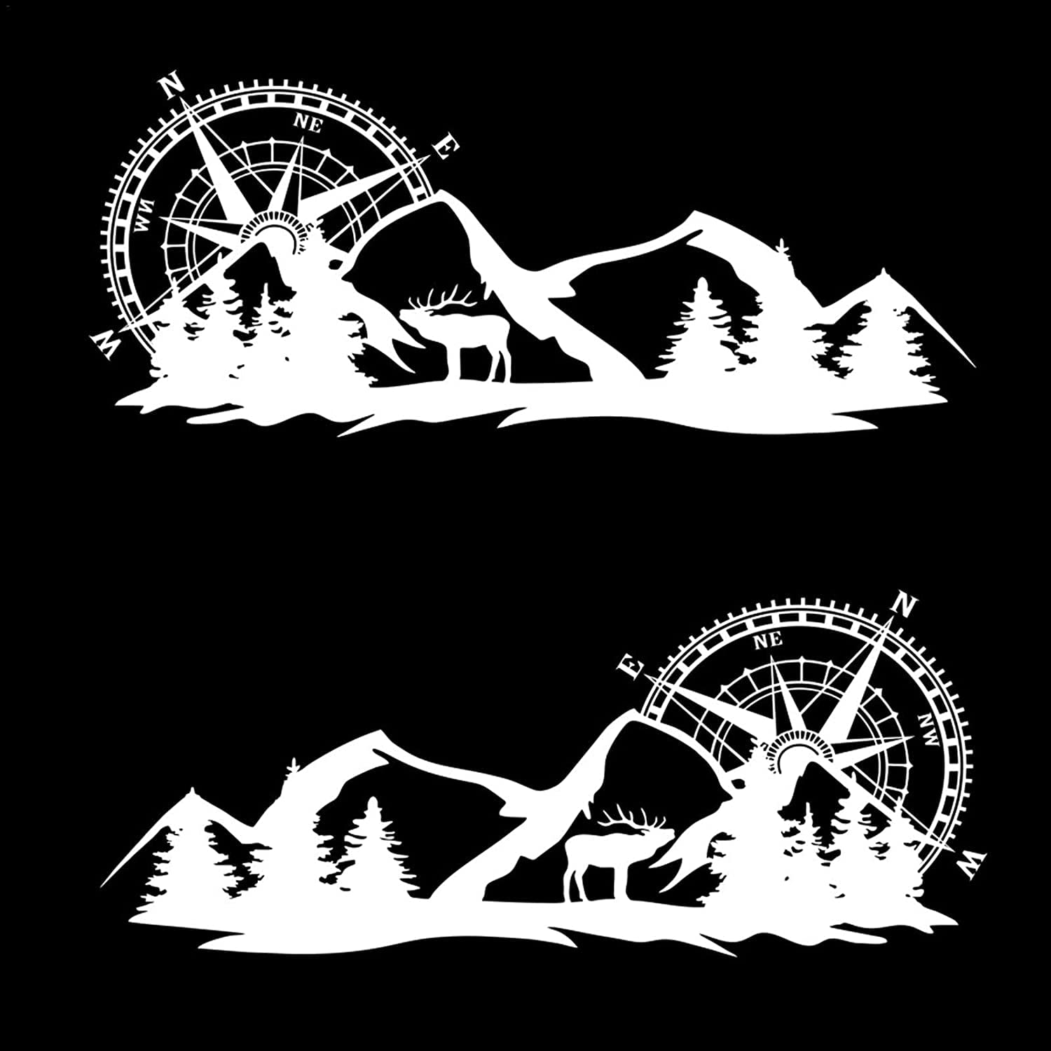 JUZZQ Personalized Sports Decals Stickers 2PCS Car Deacl Stickers, Self-Adhesive Auto Body Sticker Styling Decor,Large Compass Navigation W/Mountain Deer For Camper Van Motorhome Decor, White