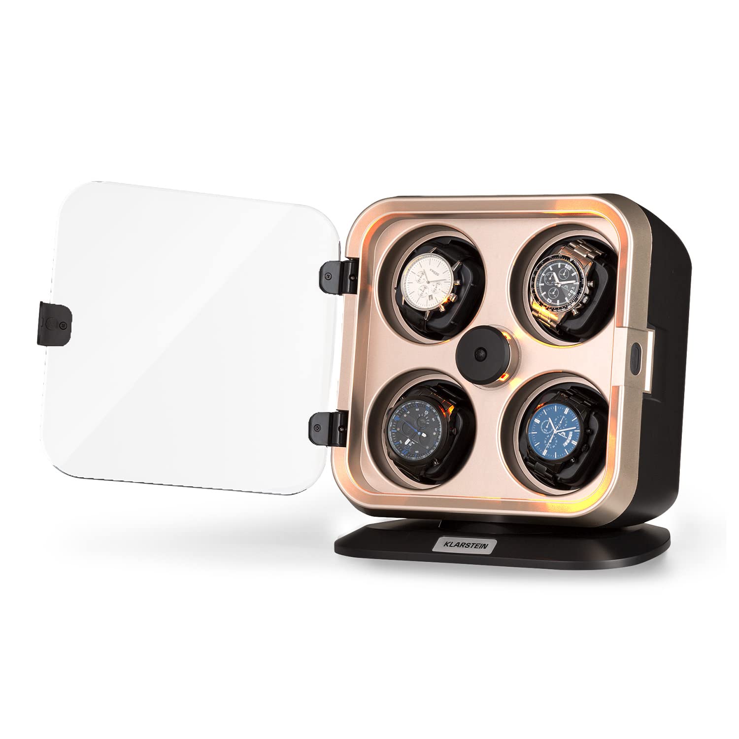 KLARSTEIN Scatola del Tempo per 4 Orologi, Carica Orologi Automatici con Vetrina in Acrilico, Porta Orologi Automatici per Uomo e Donna, Watch Winder Silenzioso con LED Blu, 4 Impostazioni TPD