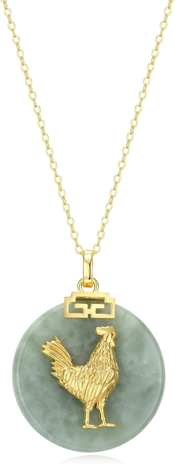 .925 Sterling Silver 18K Gold Plated Chinese Zodiac Sign Pendant Necklaces for Women - Hypoallergenic Genuine Green Jade Gold Necklace for Women Zodiac Year Jewelry, 18 inch Chain