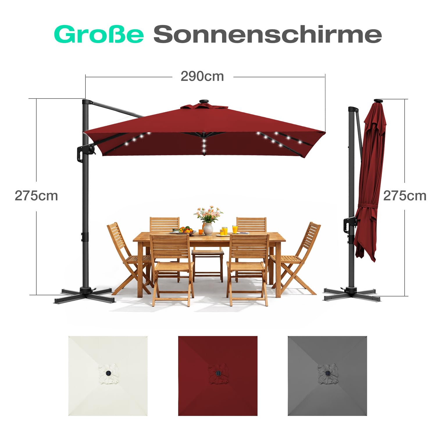 300 x 300 cm Sonnenschirm Ampelschirm Groß Solar LED, Gartenschirm mit Kurbel, 360° drehbar und kippbar, UV50+ Terrassenschirm mit Aluminiumgestell für Garten Terrasse