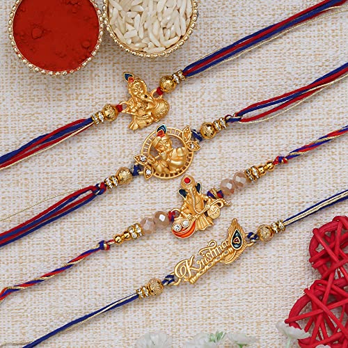 Image of eCraftIndia Set of 4 Golden Laddu Gopal, Lord Krishna Playing Flute, Lord Ganesha, and Shivling Religious Rakhis with Green Red Threads, and Roli Chawal Pack