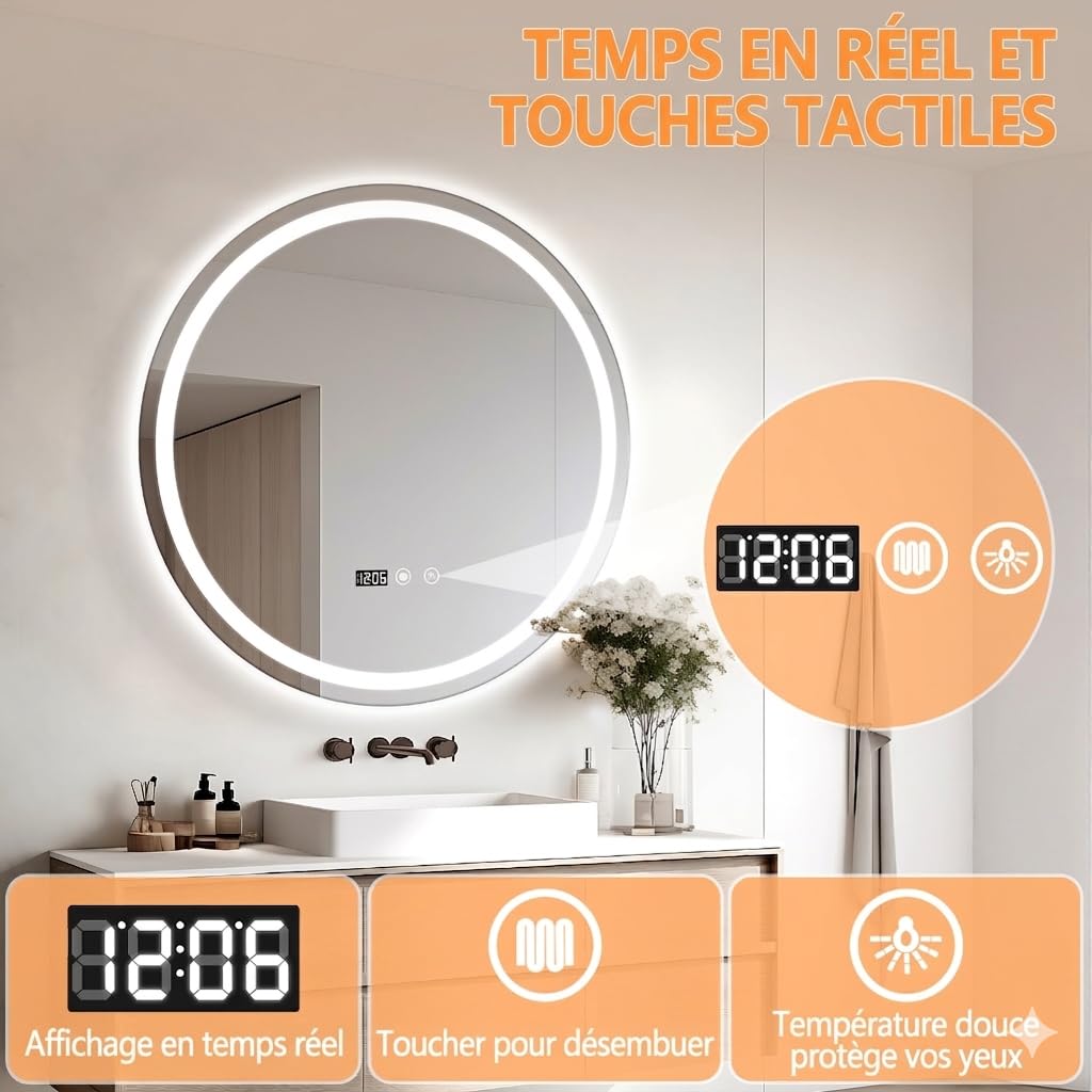 Miroir Salle de Bain Rond LED 60 cm - Anti-Buée, Interrupteur Tactile, Affichage Heure et Température - Miroir Mural Lumineux en Verre Trempé pour Maquillage et Vasque