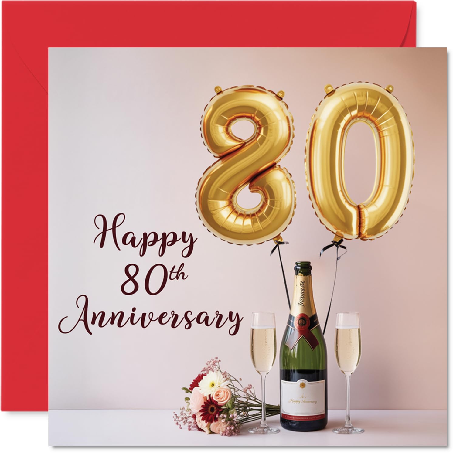 80th Anniversary Card for Women Men - Balloons & Bottle of Bubbly - Happy 80 Year Anniversary Card for Companion Wife Partner Husband, 145mm Wedding Anniversaries Greeting Cards