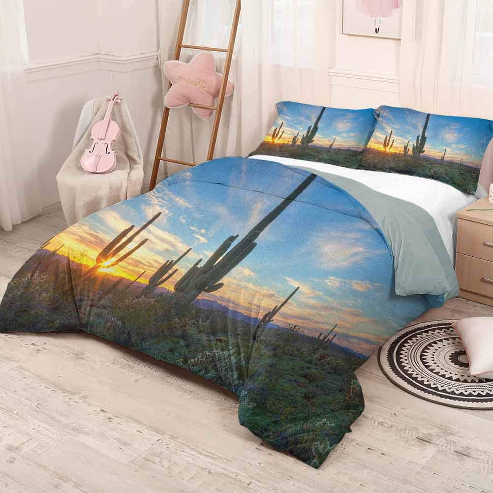 prunushome Saguaro Duvet Cover SetSun is Setting Between Cactus Plants with Spines Magical Noon Landscape Wild Design Comfy Bedding Green Blue 80x90in/20x30inx2